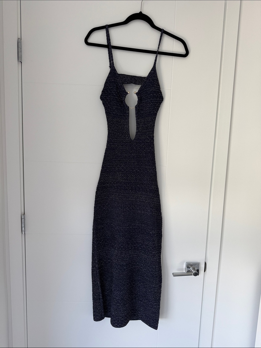 Zara Midnight Blue Metallic Knit Midi Dress with Front Keyhole and Ring Accent